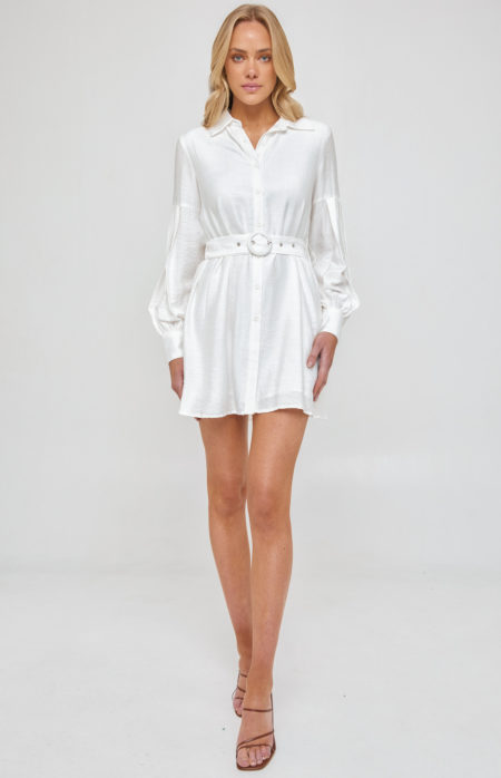 Pleated Bubble Sleeve Shirt Dress (White)