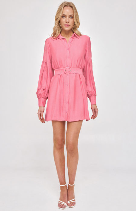 Pleated Bubble Sleeve Shirt Dress (Pink)